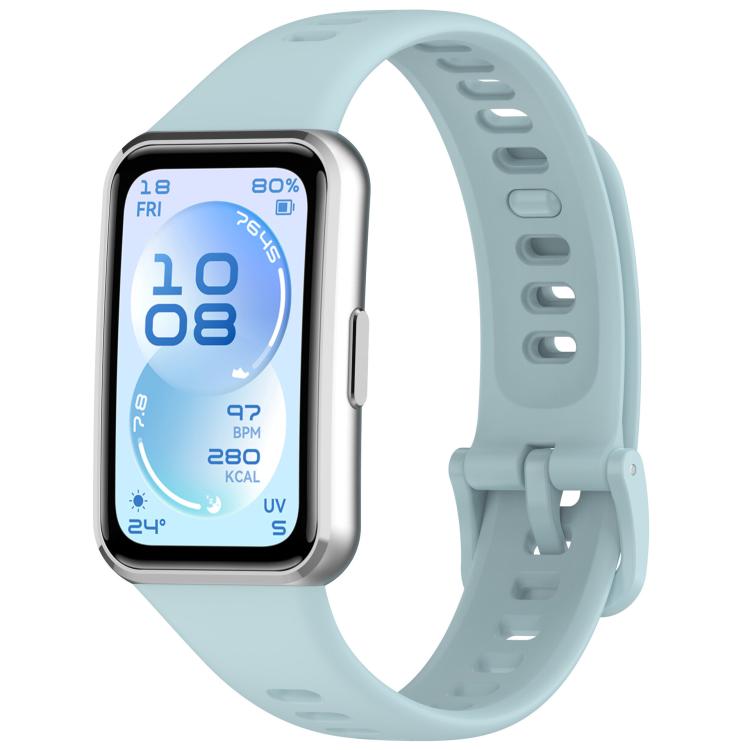 Light blue silicone watch band with adjustment holes and buckle, shown on a smartwatch
