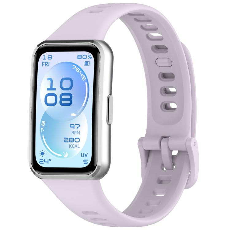 Light purple silicone watch band with adjustment holes and buckle, shown on a smartwatch