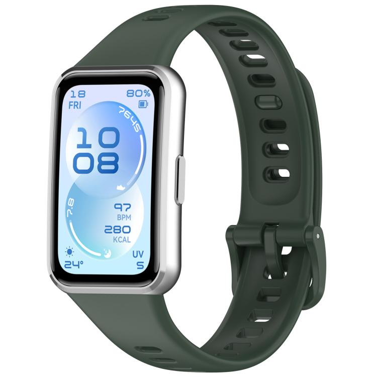 Dark green silicone watch band with adjustment holes and buckle, shown on a smartwatch