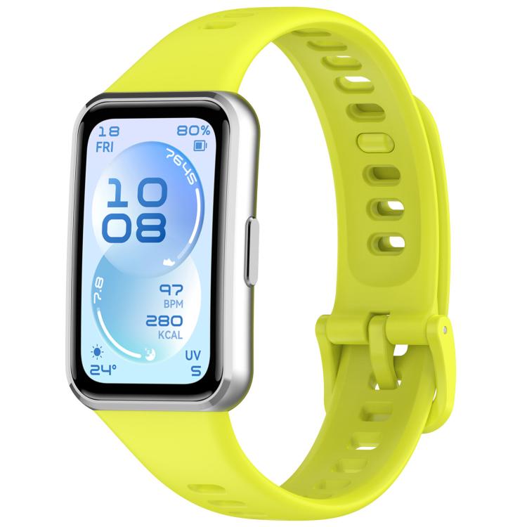 Neon yellow silicone watch band shown attached to a smartwatch, with adjustable holes and buckle.