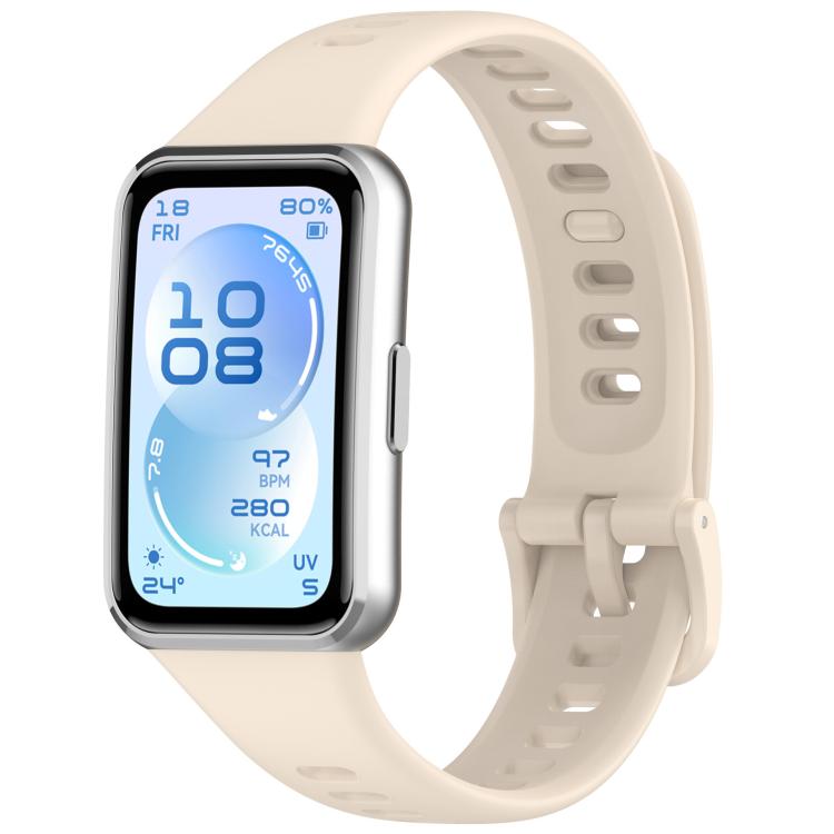 Ivory silicone watch band shown attached to a smartwatch, with adjustable holes and buckle.
