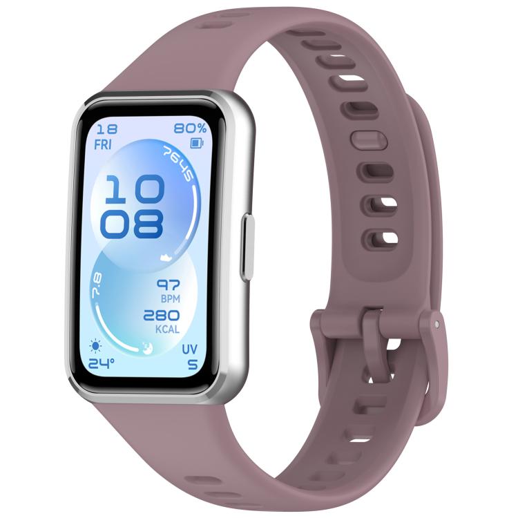 Muted purple silicone watch band shown attached to a smartwatch, with adjustable holes and buckle.