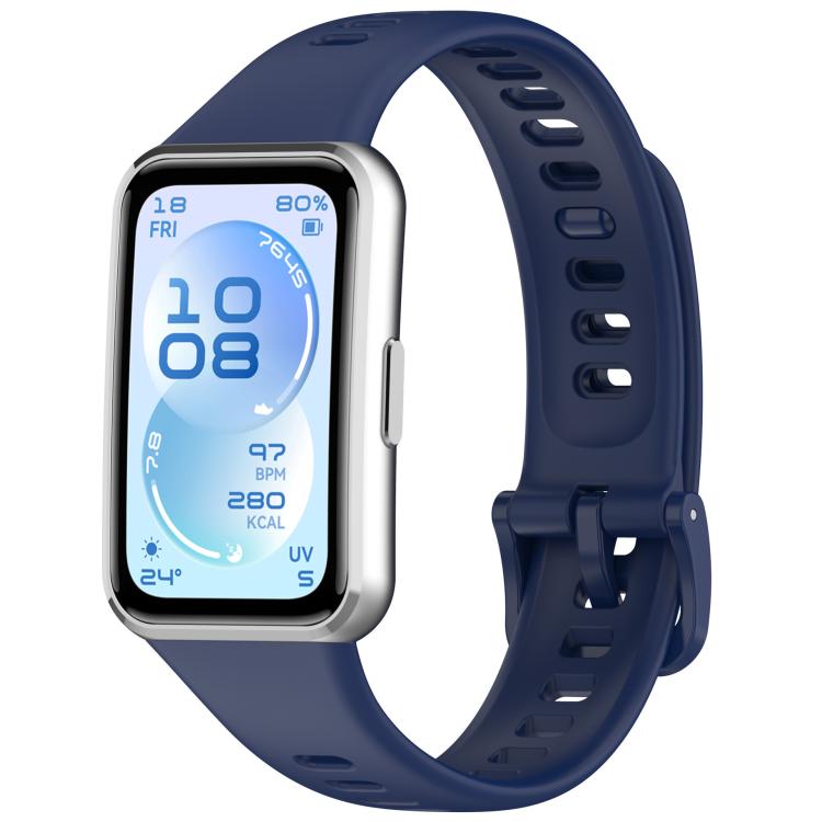 Dark blue silicone watch band shown attached to a smartwatch, with adjustable holes and buckle.