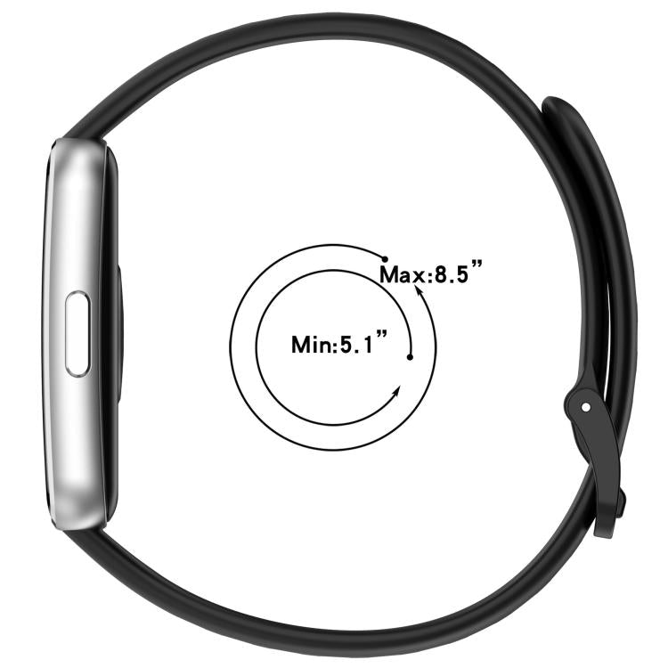 Black silicone watch band shown on a smartwatch, with wrist circumference range of 5.1 to 8.5 inches.