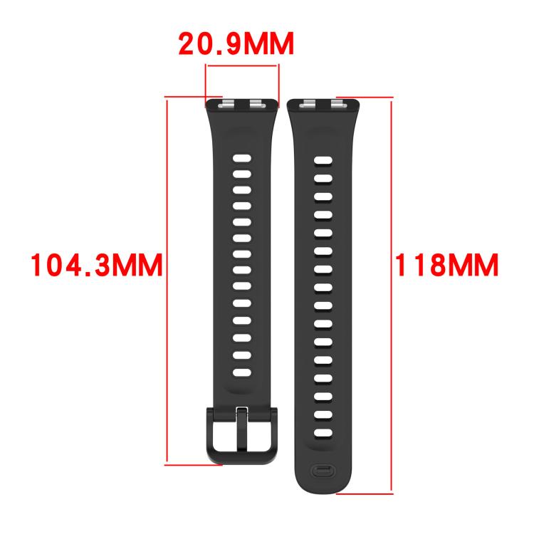 Black silicone watch band shown in two pieces with measurements of 20.9 mm wide and 104.3 or 118 mm long.