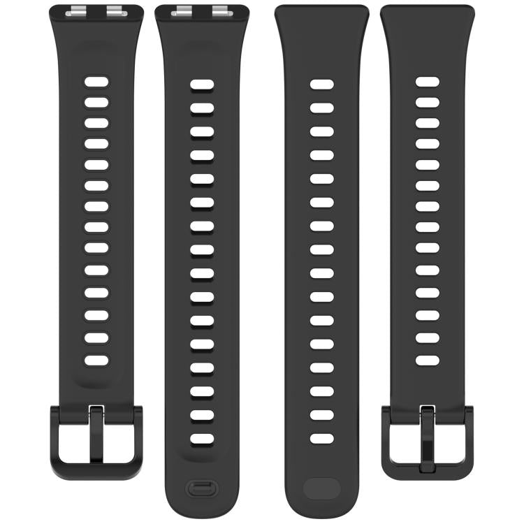 Four black silicone watch band pieces with rows of adjustment holes, buckles, and connector ends.