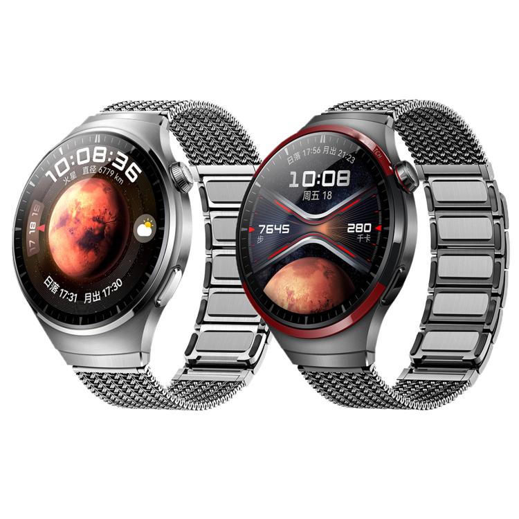 Two stainless steel magnetic mesh watch bands shown on silver and dark watches
