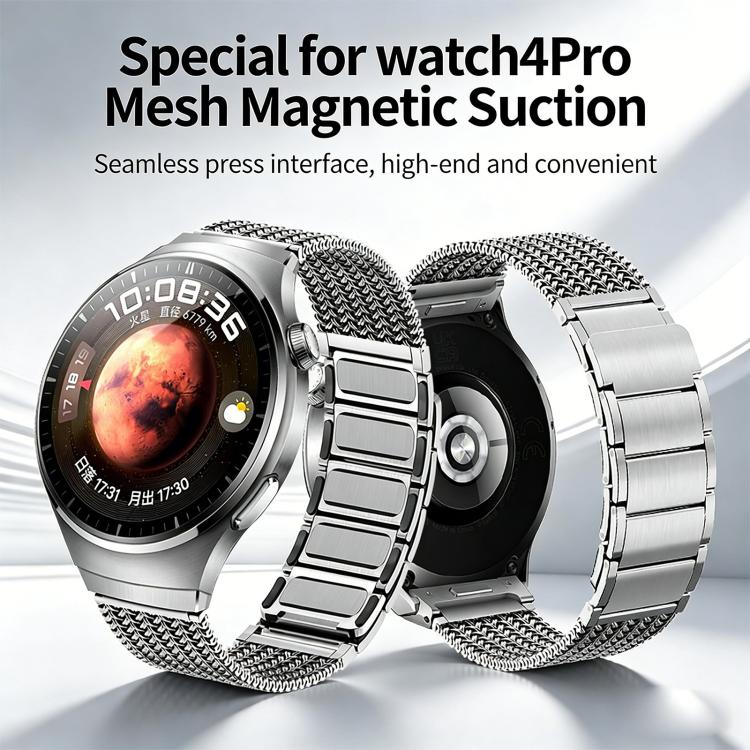 Stainless steel magnetic mesh watch band with linked clasp, shown open and attached to watch