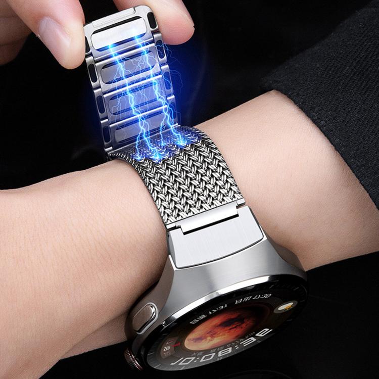Stainless steel magnetic mesh watch band fastening around a wrist