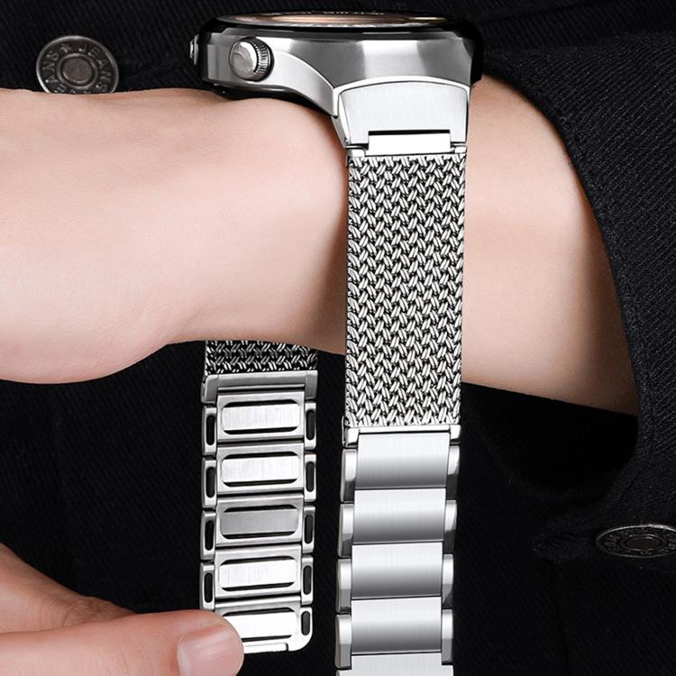 Stainless steel magnetic mesh watch band shown fitted around a wrist