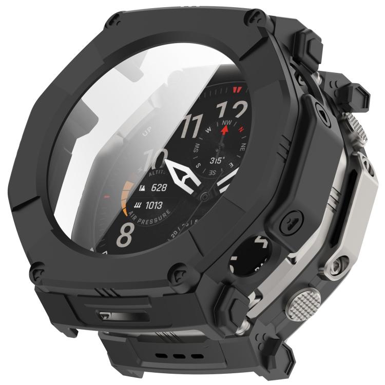 Black protective watch case with integrated screen protector, shown fitted on a watch