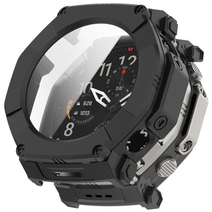 Black protective watch case with integrated screen protector, shown fitted on a watch