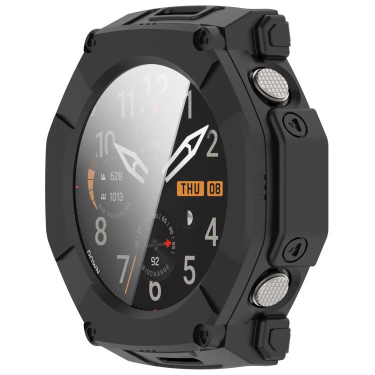 Black protective watch case fitted on a watch, showing the covered display and side buttons