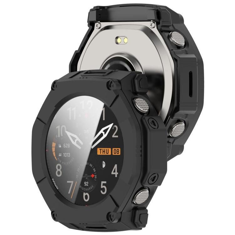 Black protective watch case beside a watch, showing the case front and watch back