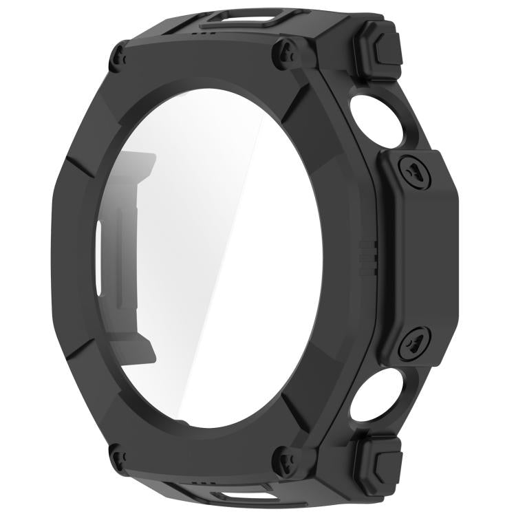 Black protective watch case with integrated screen protector, front view