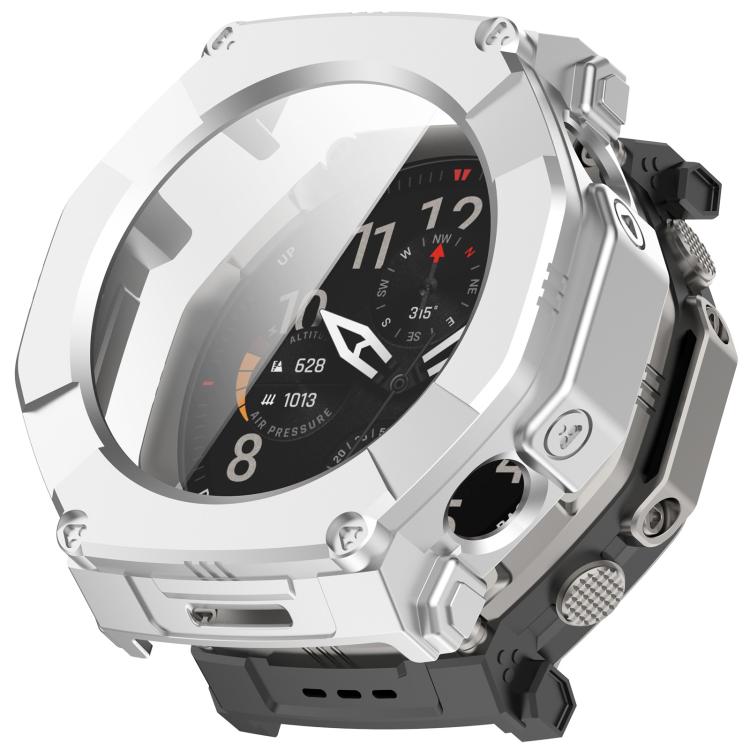 Silver protective watch case with integrated screen protector, shown fitted on a watch