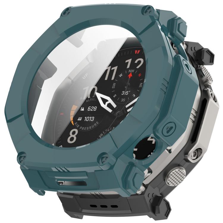 Teal green protective watch case with integrated screen protector, shown fitted on a watch