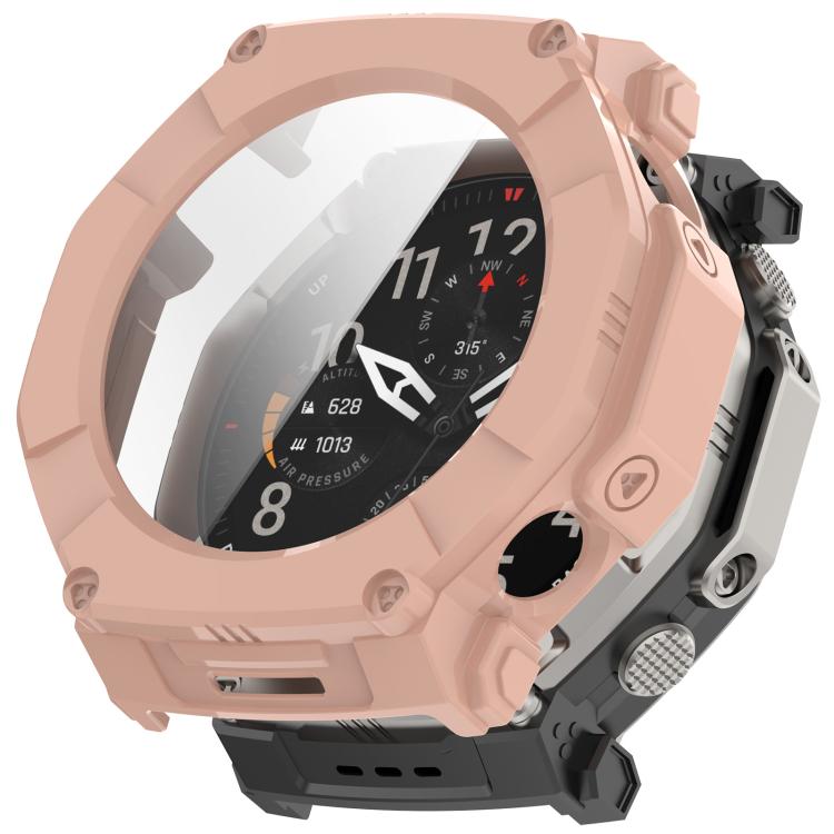 Pale pink protective watch case with integrated screen protector, shown fitted on a watch