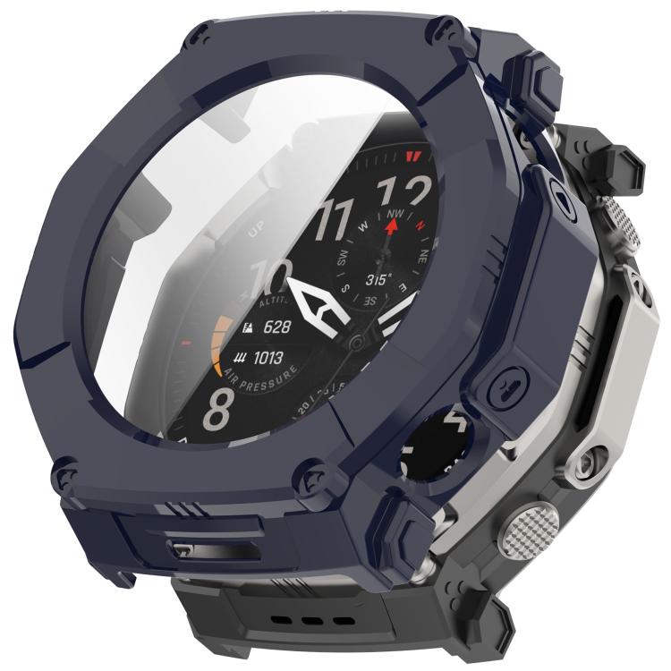 Navy protective watch case with integrated screen protector, shown fitted on a watch