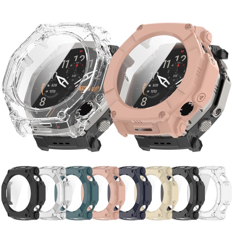 Watch case shown fitted and in eight colors, including clear, black, silver, green and pink