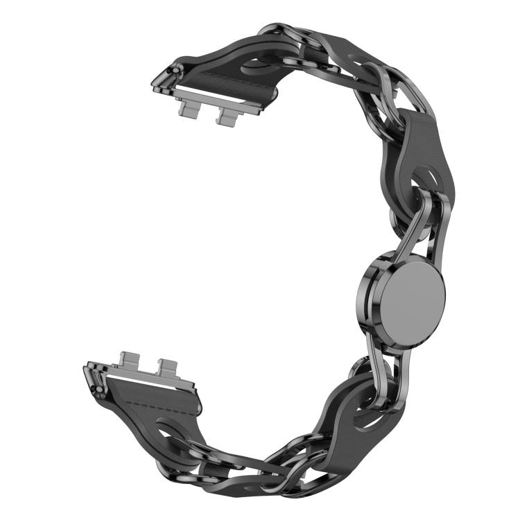 Black vegan leather chain watch band shown unattached, with open connector ends