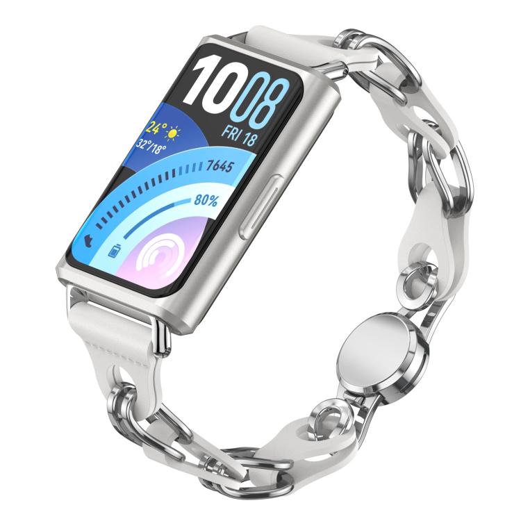 White vegan leather chain watch band fitted to a Huawei Band 11 smartwatch