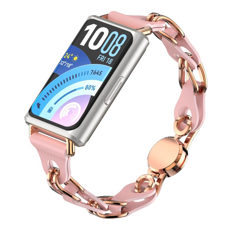 Cherry pink vegan leather chain watch band with rose gold-tone links, fitted to a smartwatch