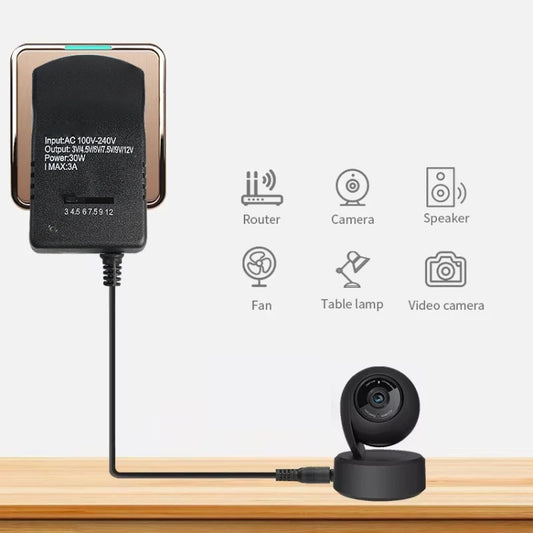 Adjustable power adapter with cable and DC barrel plug for small electronics