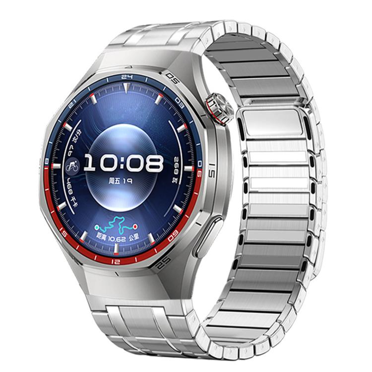 Silver stainless steel link band shown on a smartwatch