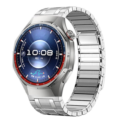 Silver stainless steel link band shown on a smartwatch