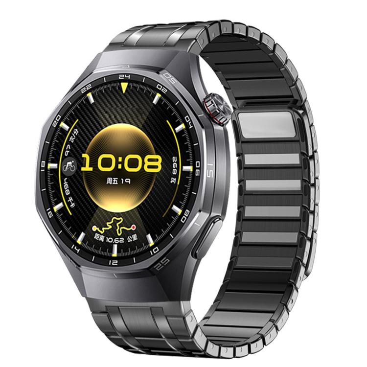 Black stainless steel link band shown on a smartwatch