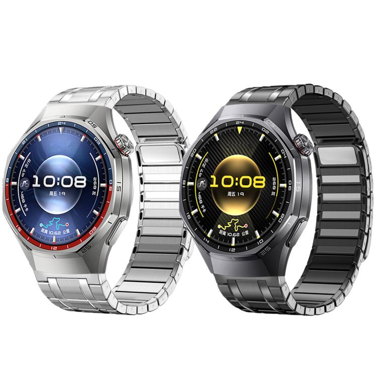 Stainless steel watch bands in silver and black shown on two watches