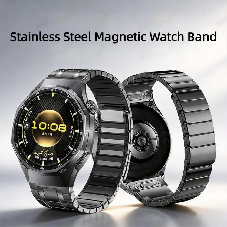Black stainless steel magnetic watch band shown on a watch and separately