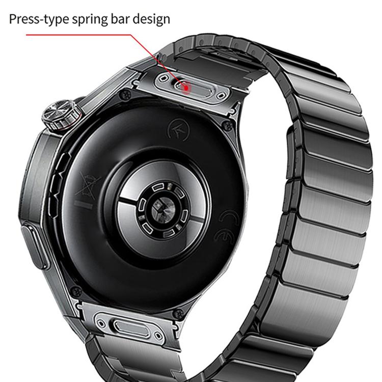 Black stainless steel watch band with press-type spring bar attachment shown from behind