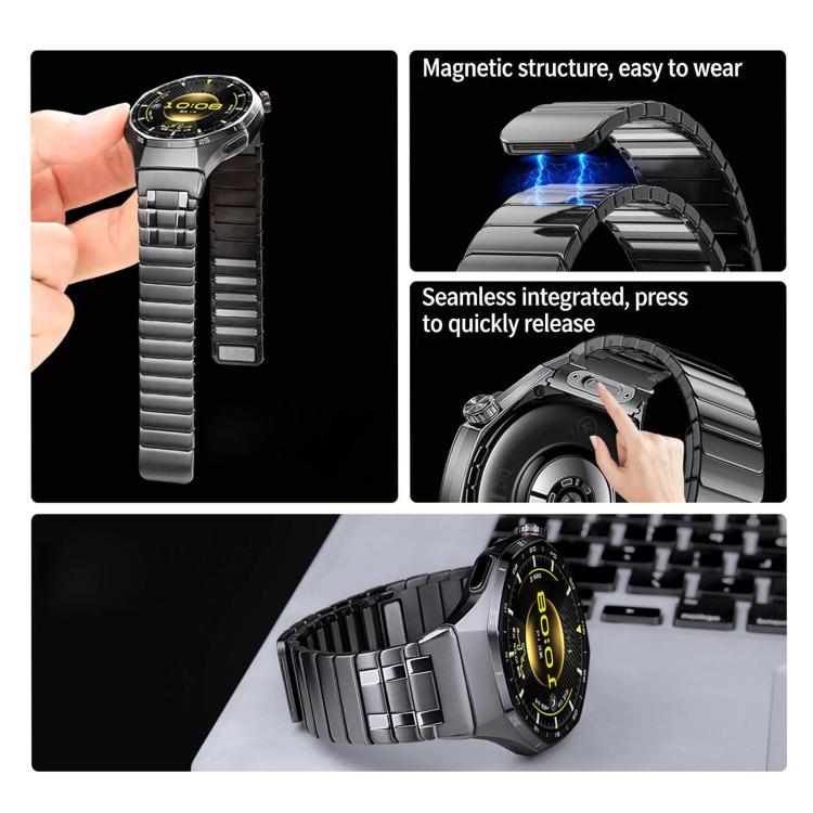 Stainless steel magnetic watch band shown in use and during attachment and release