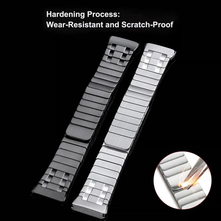 Black and silver stainless steel watch bands shown side by side