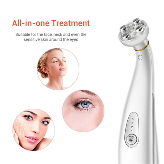Portable eye and neck massager showing metal roller head and level-control dial in white