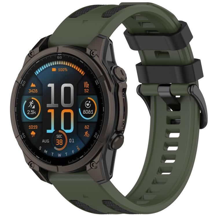 Army green and black two-tone silicone watch band with a round watch