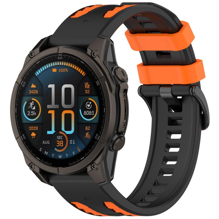 Black and bright orange two-tone silicone watch band with a round watch