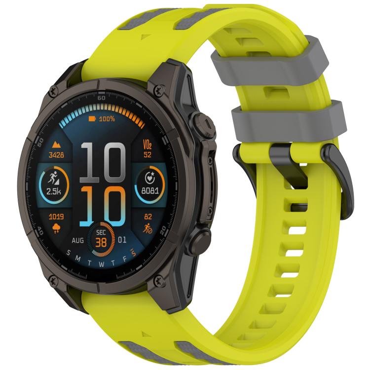 Lime and gray two-tone silicone watch band with a round watch