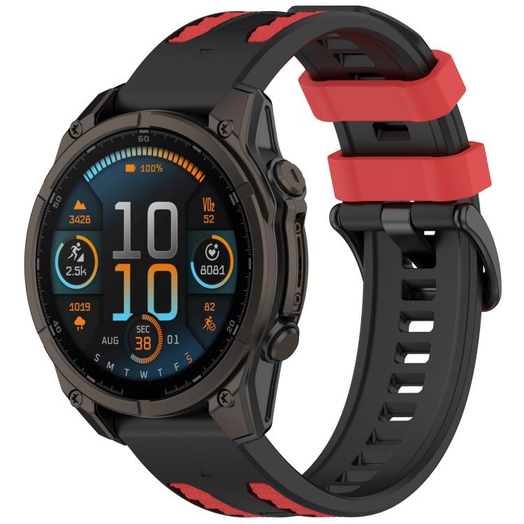 Two-tone black and red silicone watch band with a round watch, shown from the front