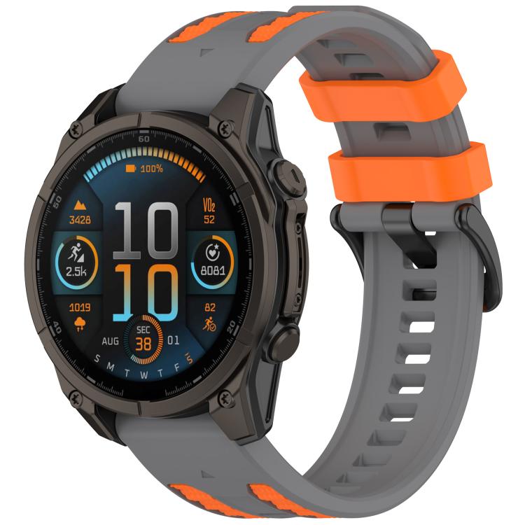 Gray silicone watch band with bright orange accents, shown on a round smartwatch
