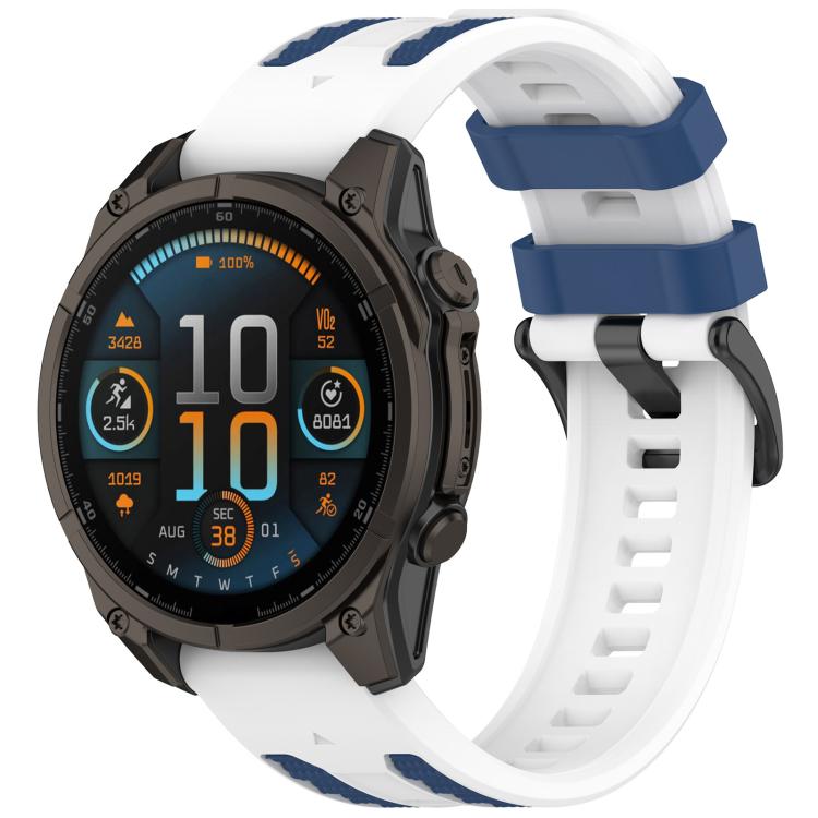 White and navy silicone watch band fitted to a Garmin watch.
