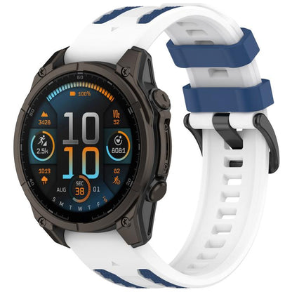 White and navy silicone watch band fitted to a Garmin watch.