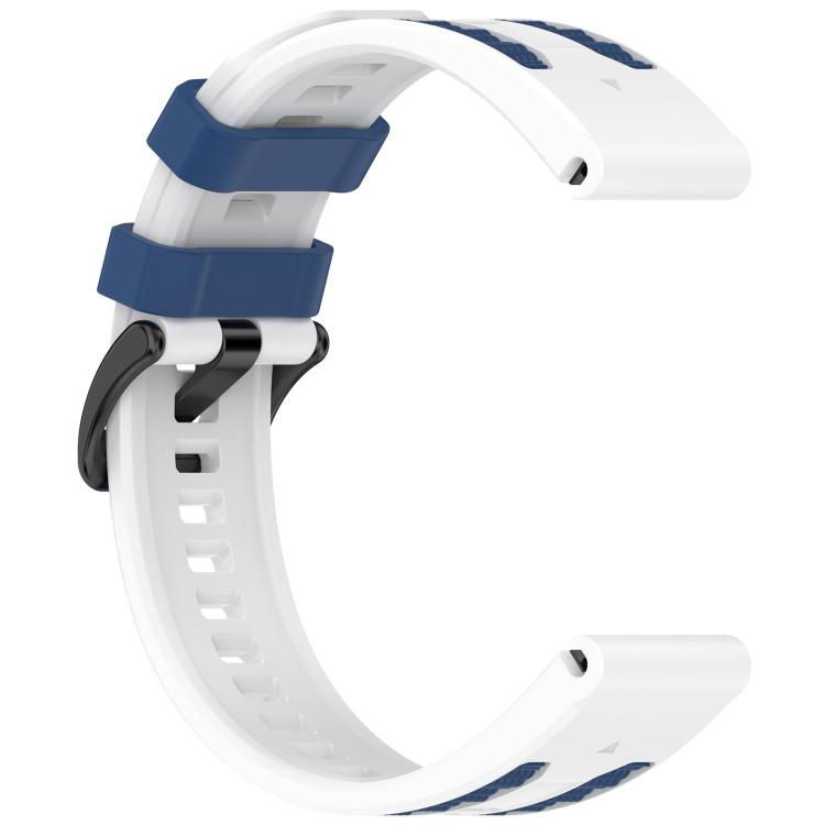 White silicone watch band with navy accents and black keeper loops, shown unattached.