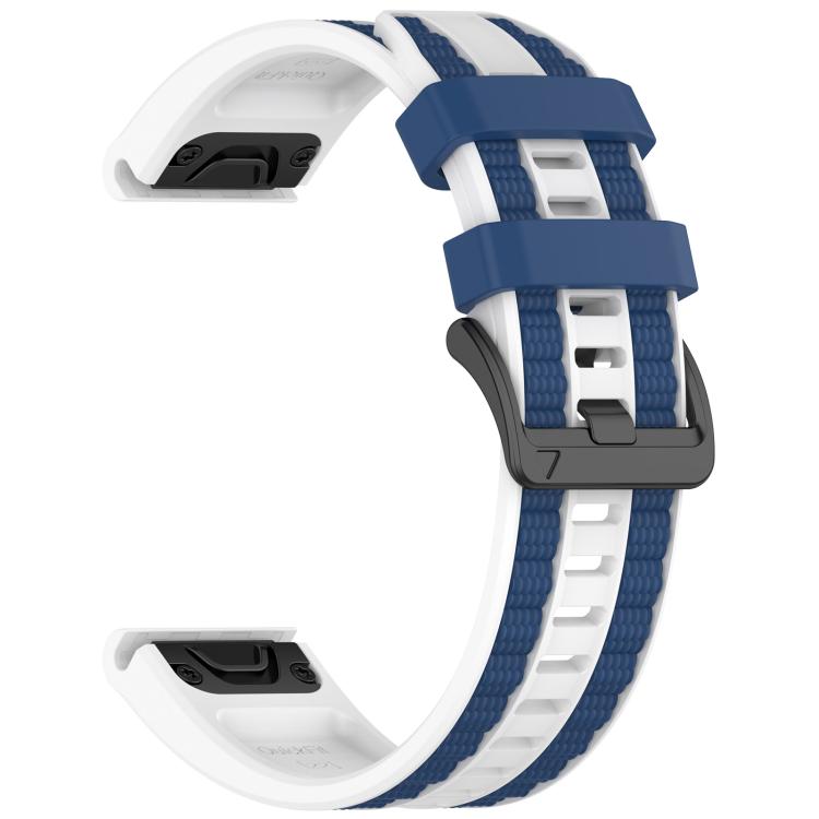 White and navy silicone watch band with a dark buckle and two keeper loops.