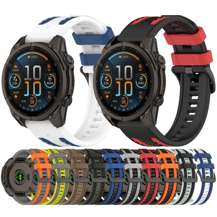 Two-tone silicone watch bands in white and blue, and black and red, with color options below