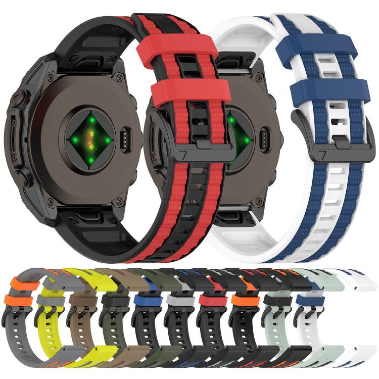 Silicone watch bands shown from the back in red and black, and white and blue, with color options below