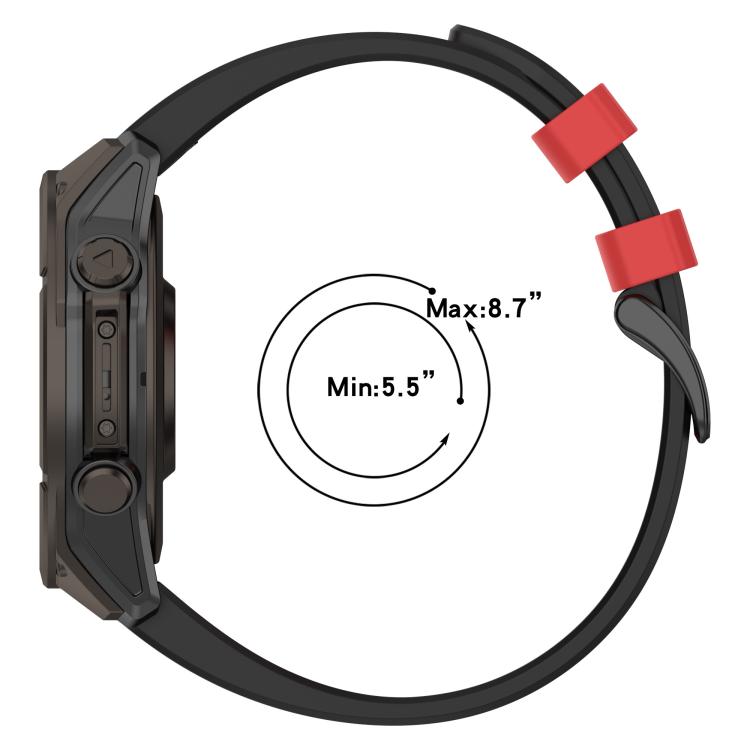 Black silicone watch band with red loops, shown on wrist with fit range of 5.5 to 8.7 inches