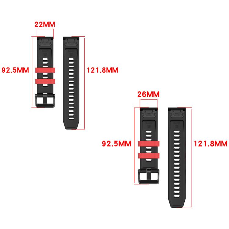 Black silicone watch band size guide showing 22 mm and 26 mm widths and strap lengths
